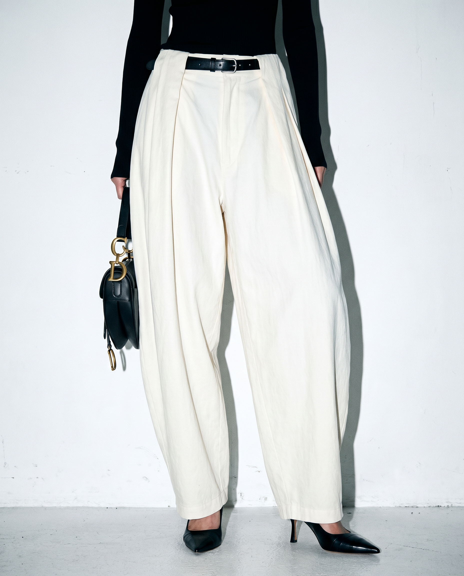 Pleated Wide Waistband Barrel Trouser