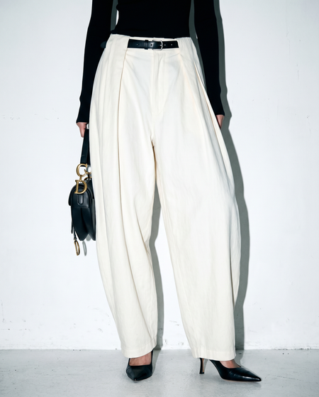 Pleated Wide Waistband Barrel Trouser