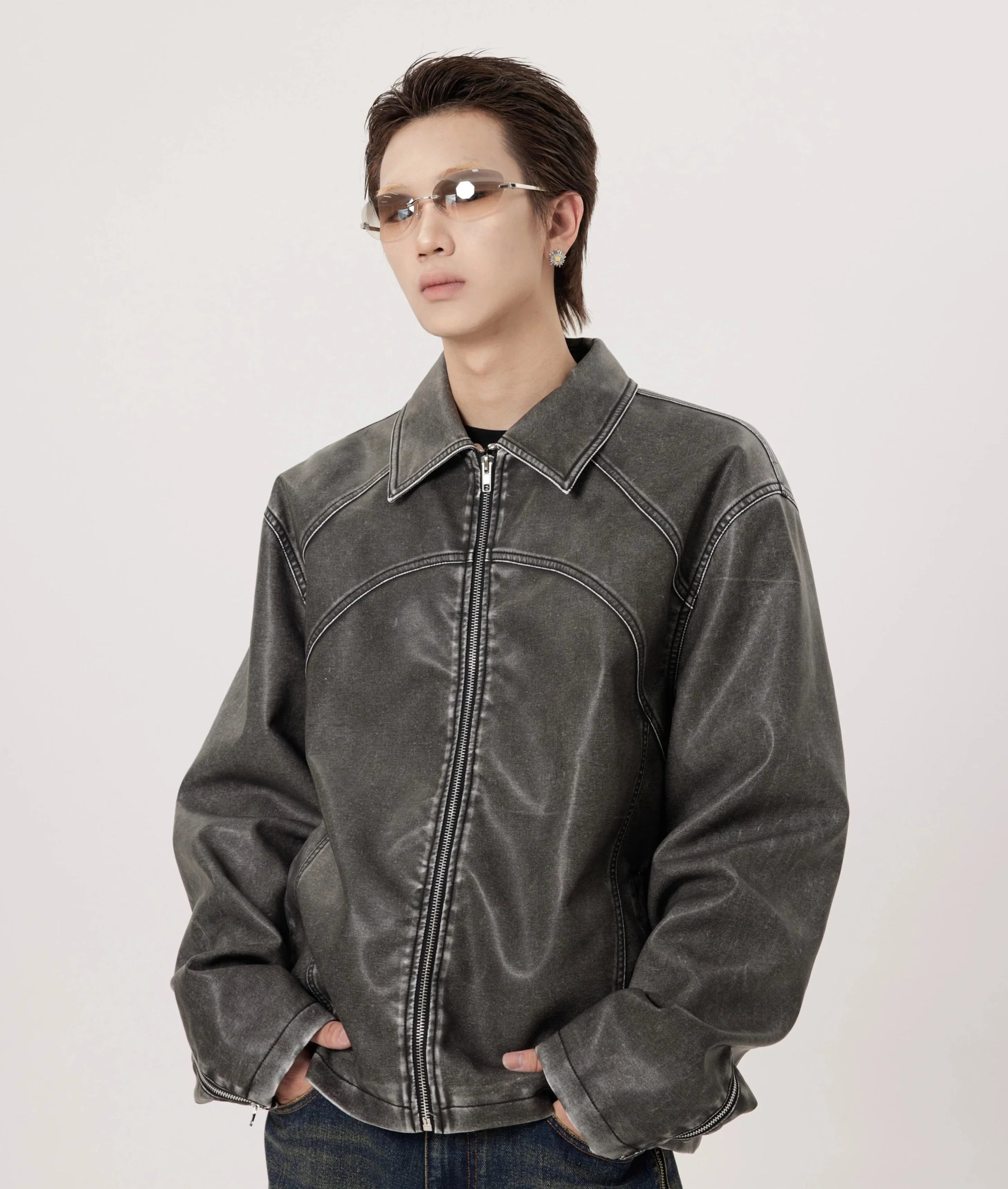 Faded Abstract Biker Faux Leather Jacket