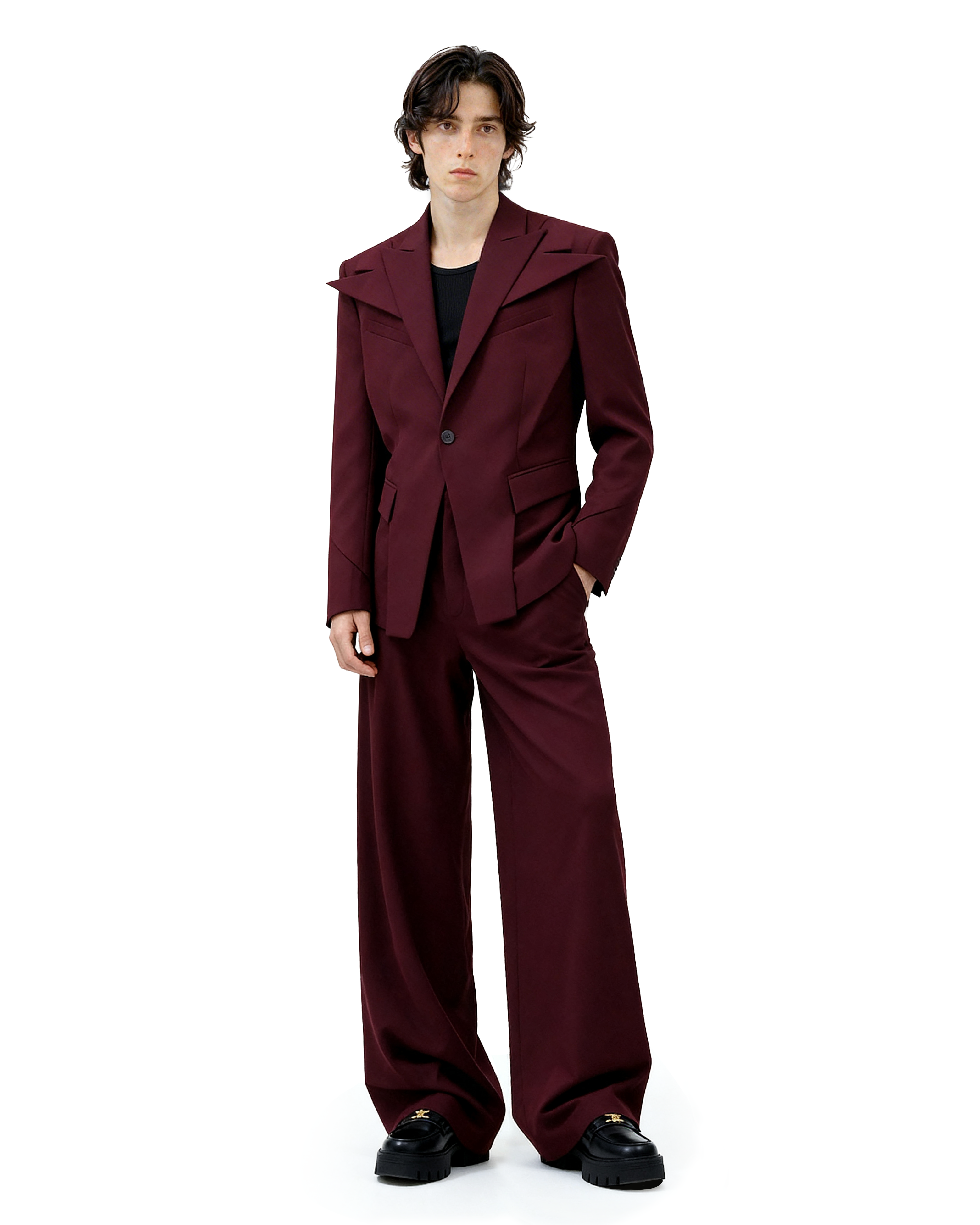 Structured Blazer with Extended Shoulder Lapels and Wide Leg Pants