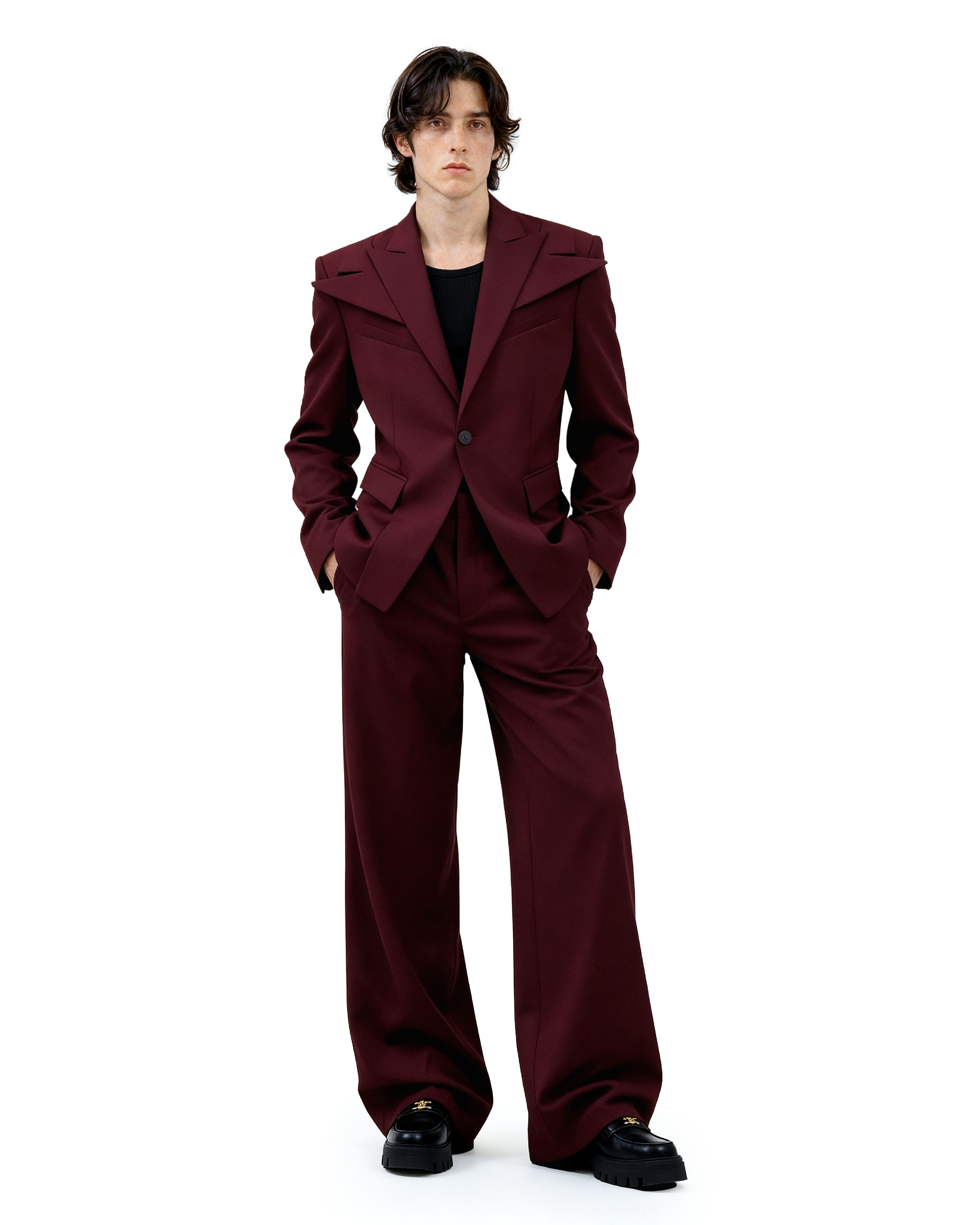 Structured Blazer with Extended Shoulder Lapels and Wide Leg Pants-2