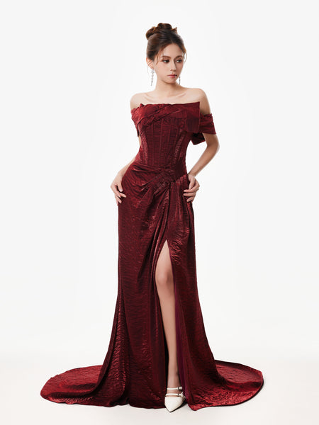 Off-Shoulder Corset Fishtail Dress with Bow Detail