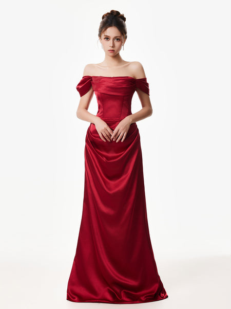 Off-Shoulder Red Satin Draped Corset Evening Gown Dress – nightcity clothing