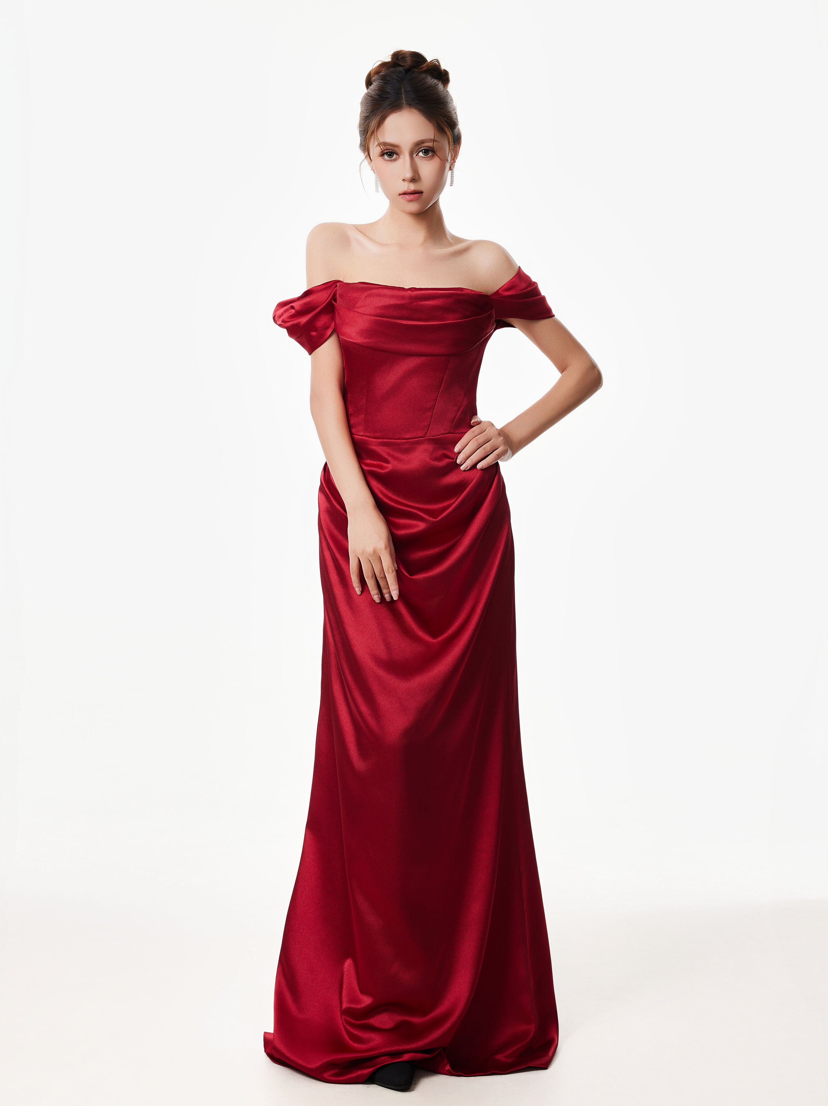 Off-Shoulder Red Satin Draped Corset Evening Gown Dress – nightcity clothing