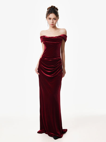 Off-Shoulder Velvet Draped Corset Evening Dress - nightcity clothing