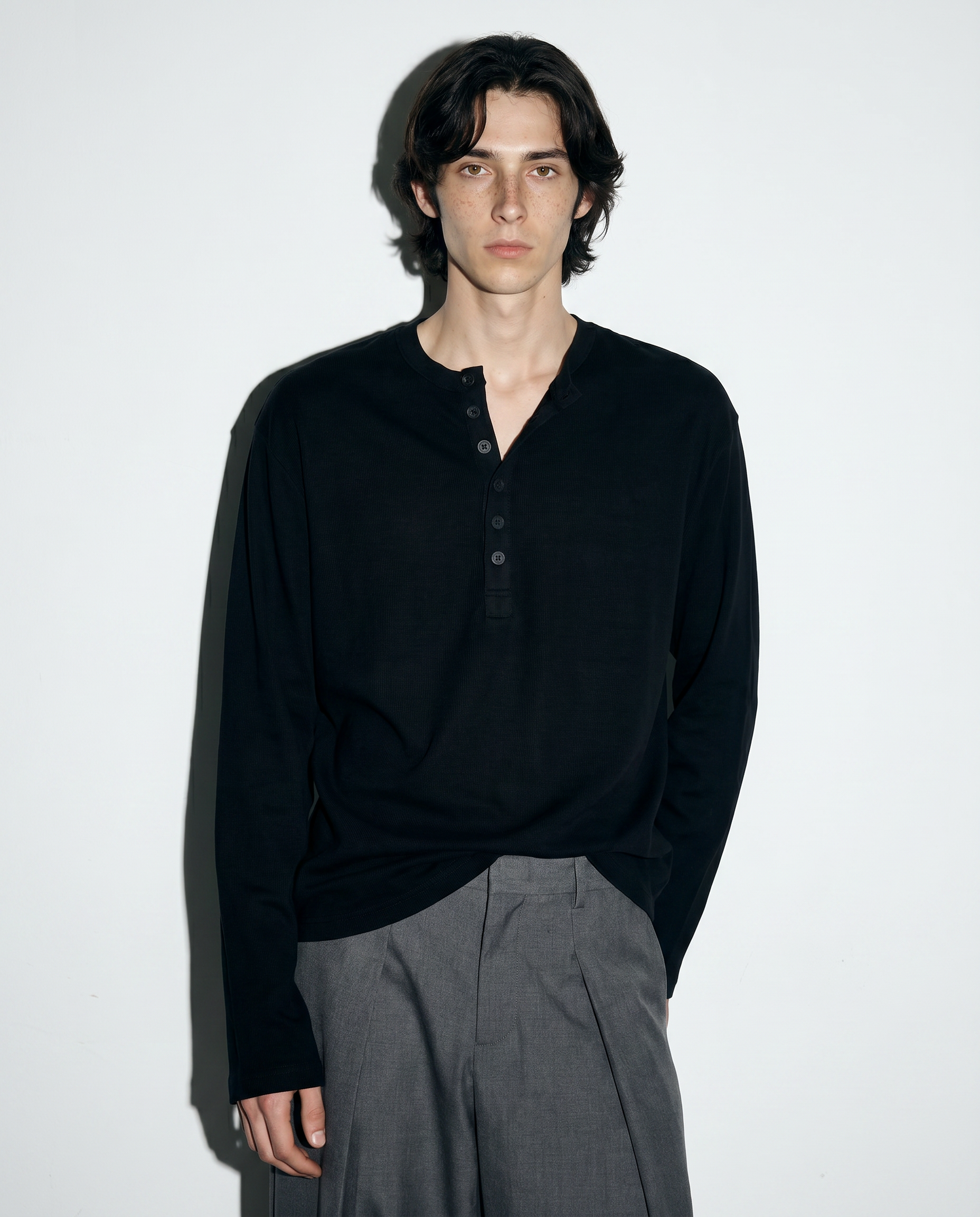 Relaxed Fit Mid-Crop Henley Long Sleeve T-Shirt-12