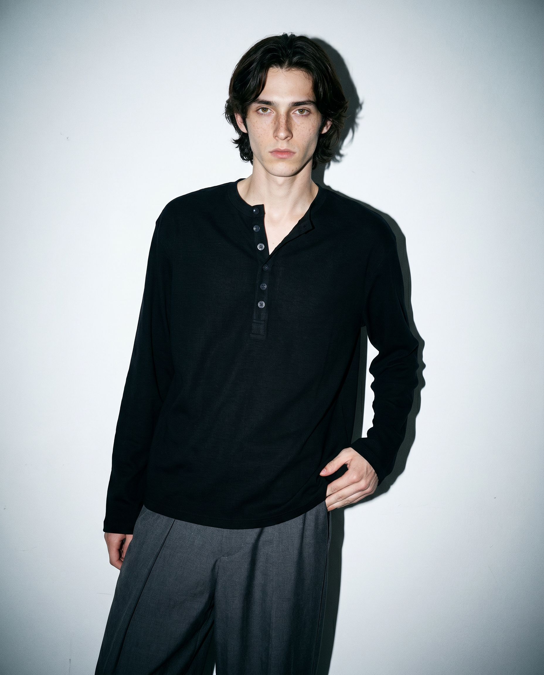 Relaxed Fit Mid-Crop Henley Long Sleeve T-Shirt-10