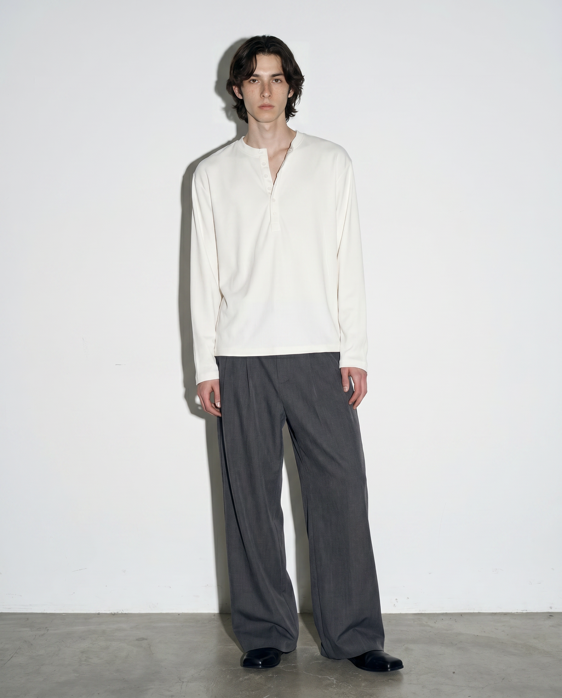 Relaxed Fit Mid-Crop Henley Long Sleeve T-Shirt-5