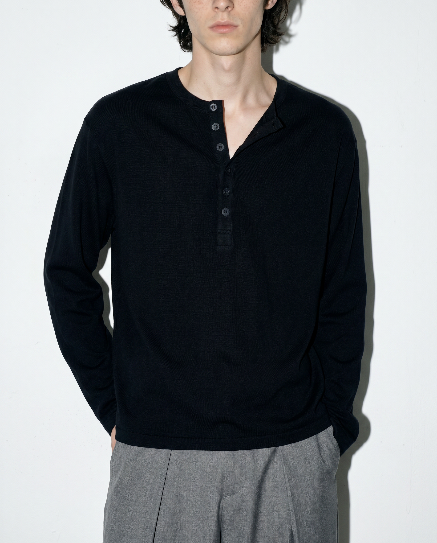 Relaxed Fit Mid-Crop Henley Long Sleeve T-Shirt-11