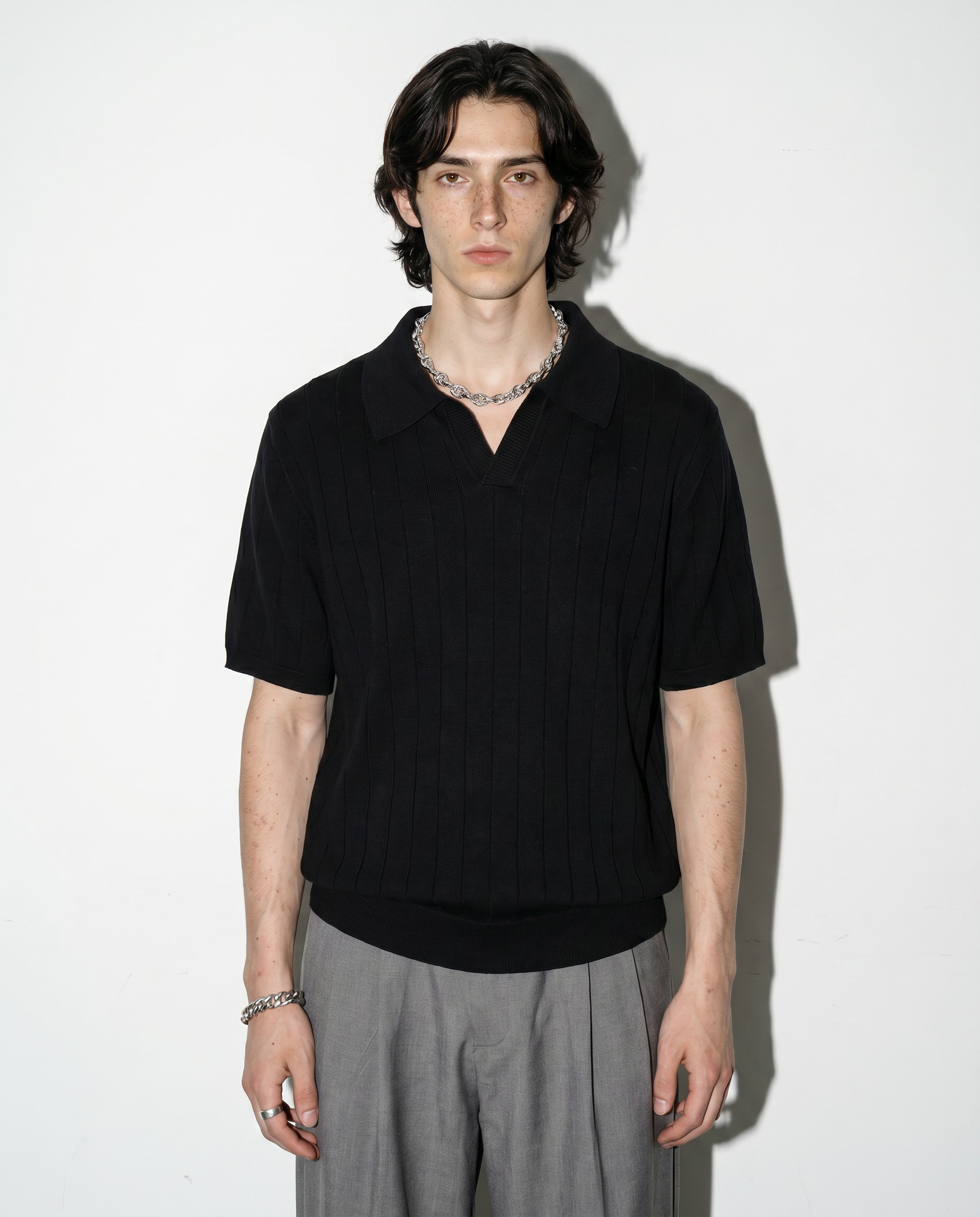 Ribbed Knit Short Sleeve Polo Shirt-1