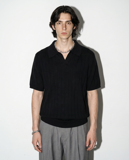 Ribbed Knit Short Sleeve Polo Shirt