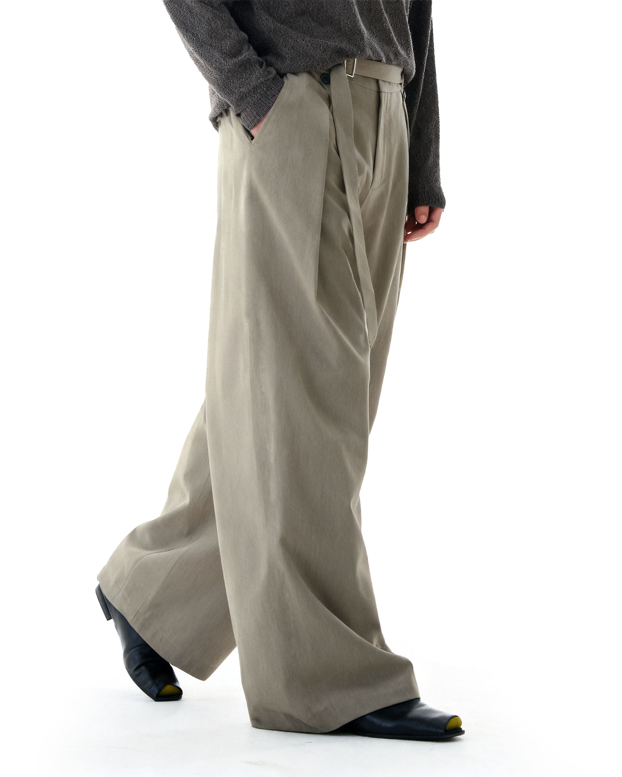 Wide-Leg Pleated Trousers With Wrap Waist Strap - nightcity clothing