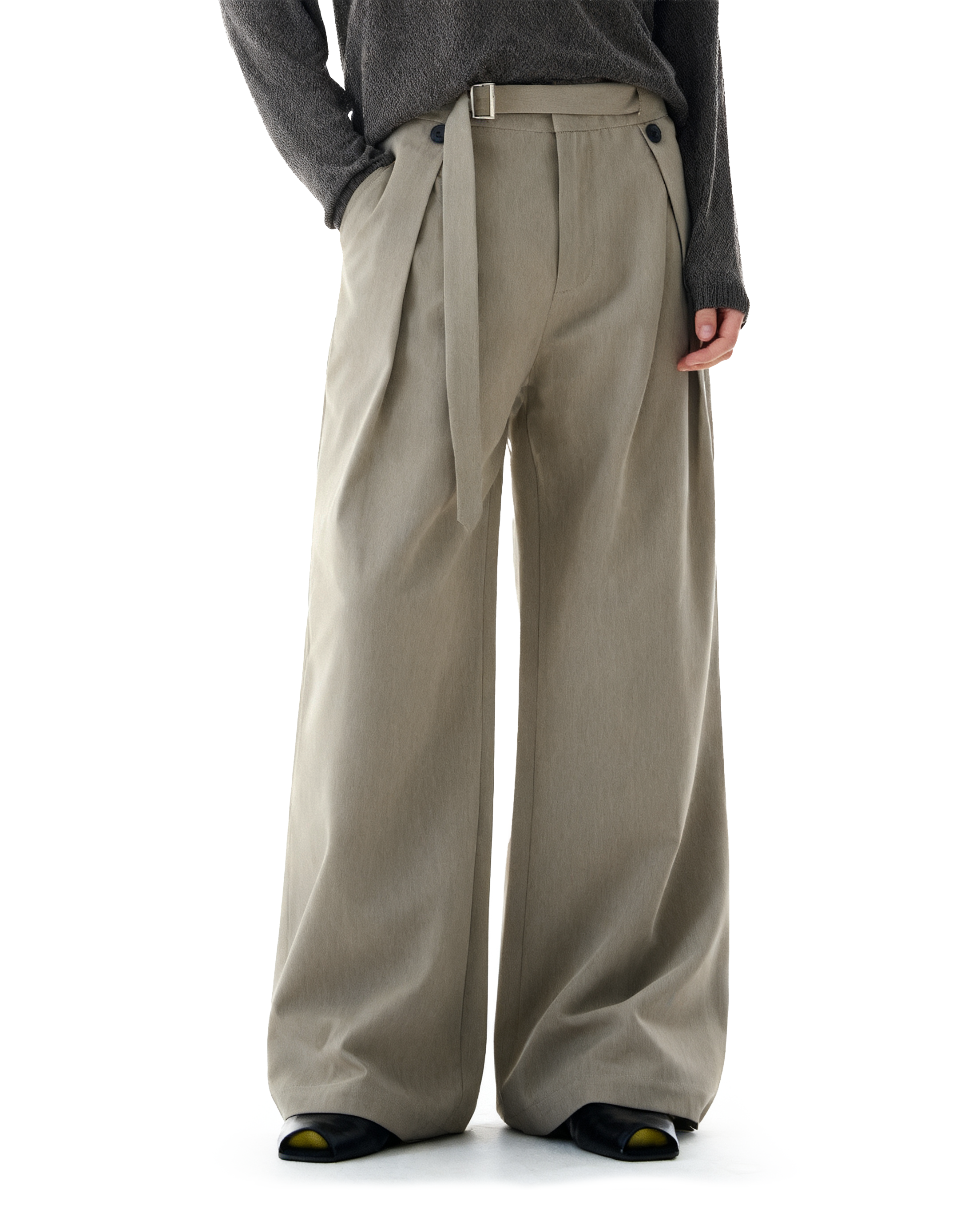 Wide-Leg Pleated Trousers With Wrap Waist Strap - nightcity clothing