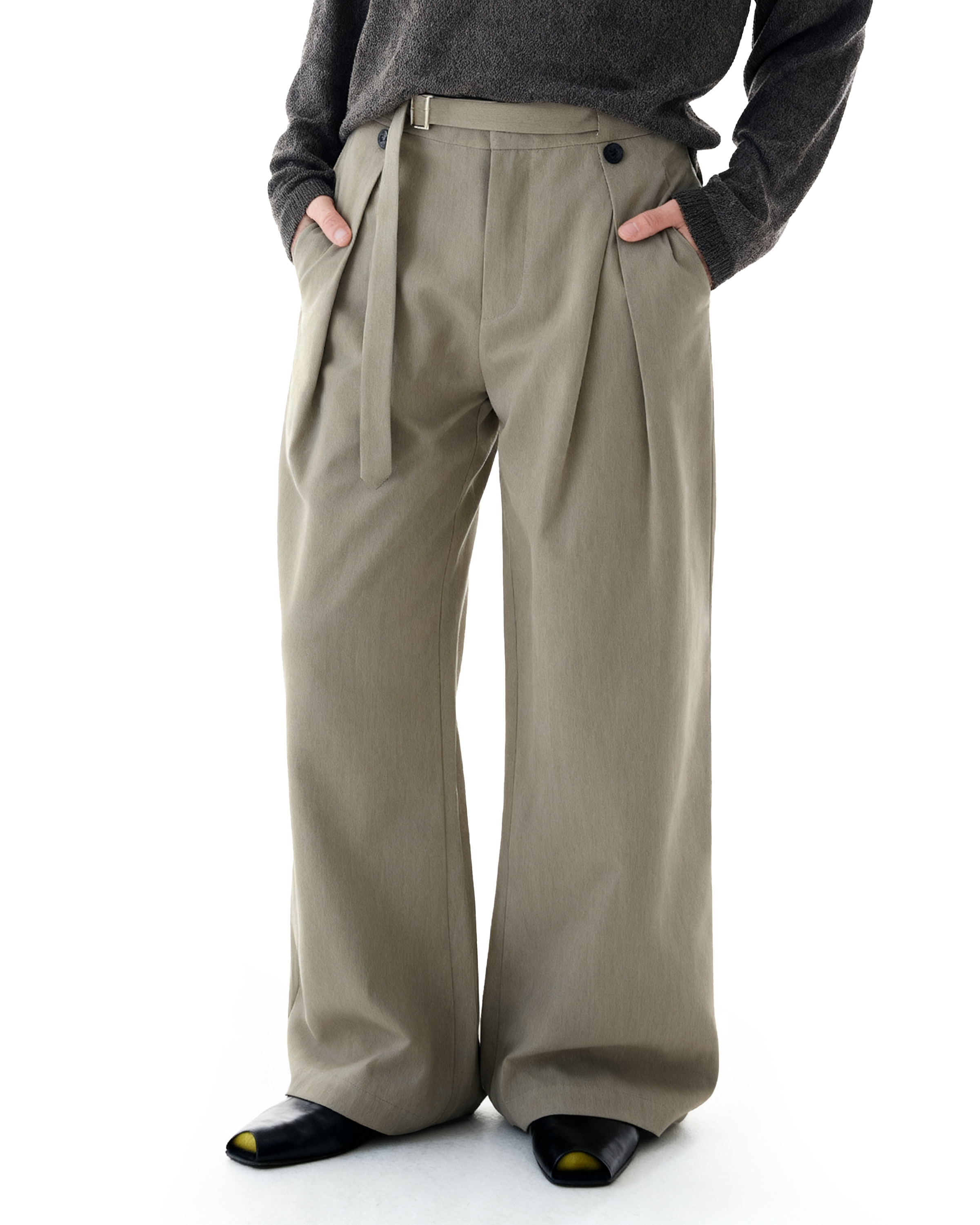 Wide-Leg Pleated Trousers With Wrap Waist Strap - nightcity clothing