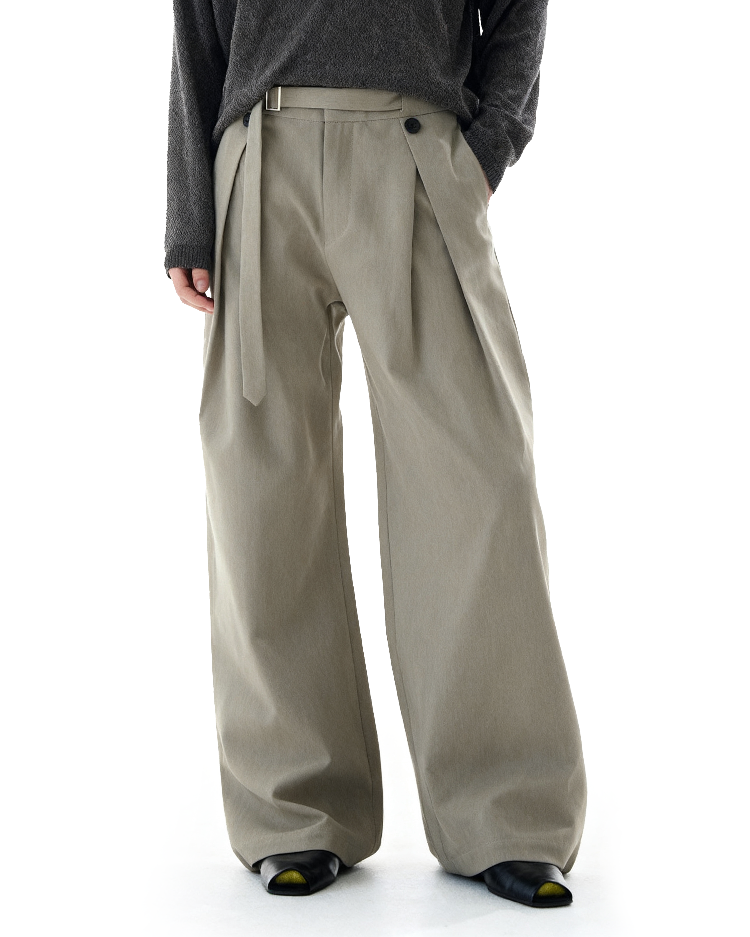 Wide-Leg Pleated Trousers With Wrap Waist Strap - nightcity clothing