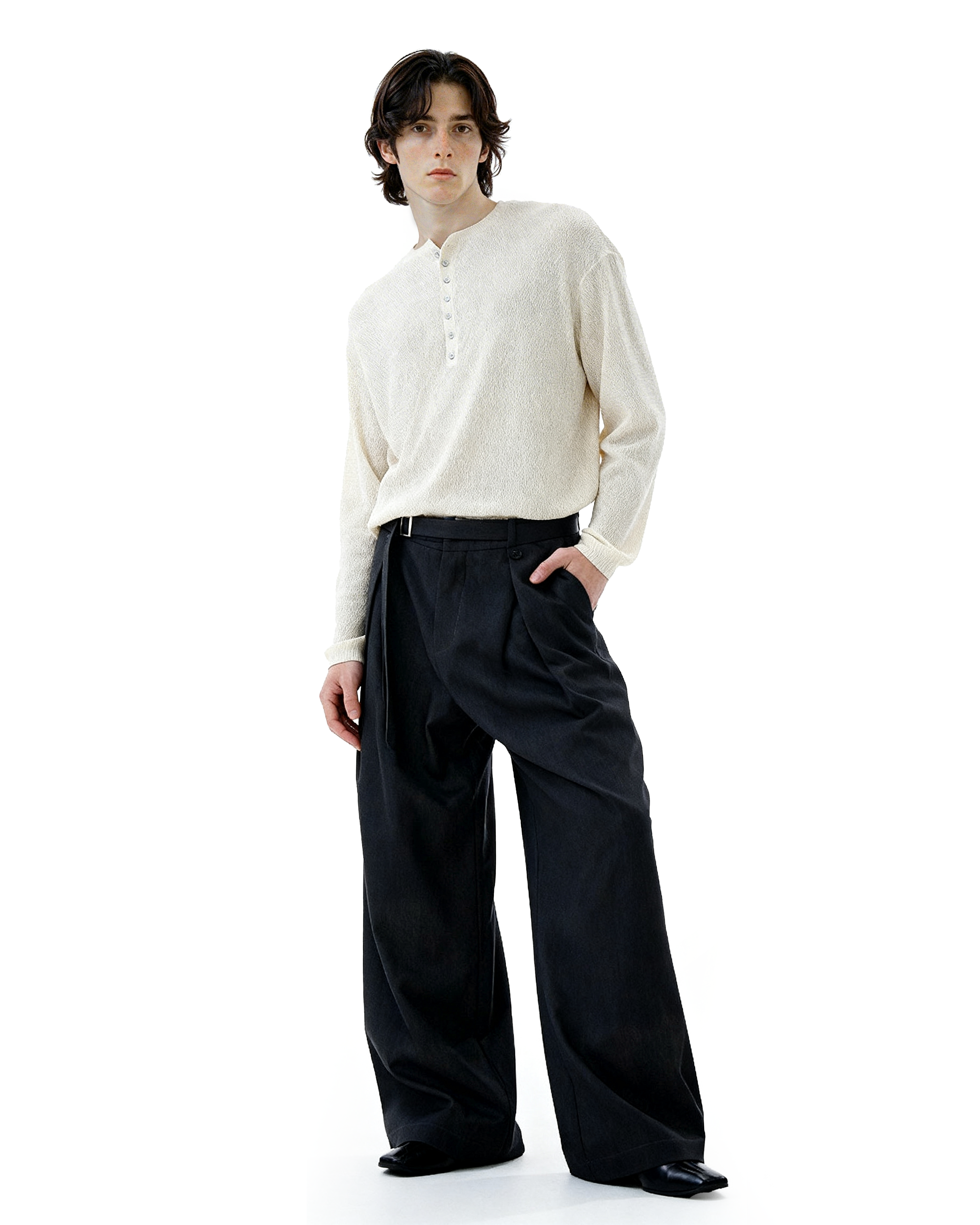 Wide-Leg Pleated Trousers With Wrap Waist Strap - nightcity clothing