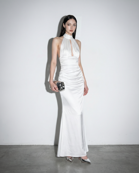 Satin Halter Ruched Mermaid Maxi Dress