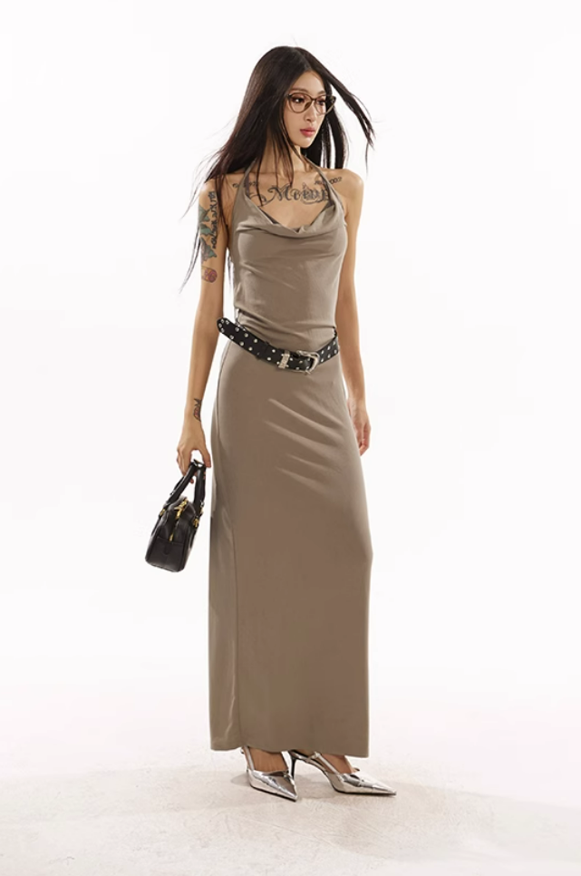 Sleeveless Cowl Neck Midi Dress with Side Slit