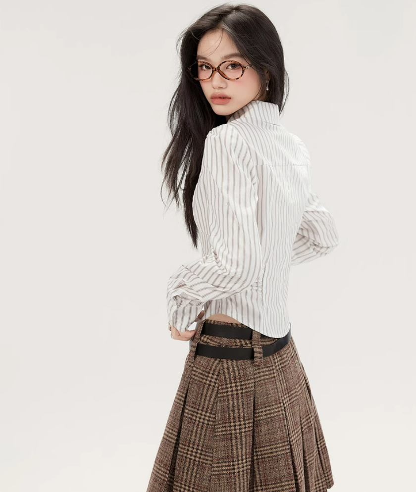 Striped Button-Up Long Sleeve Ruched Blouse