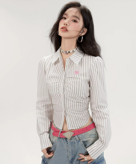 Striped Button-Up Long Sleeve Ruched Blouse - nightcity clothing
