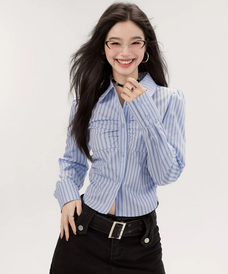 Striped Button-Up Long Sleeve Ruched Blouse - nightcity clothing