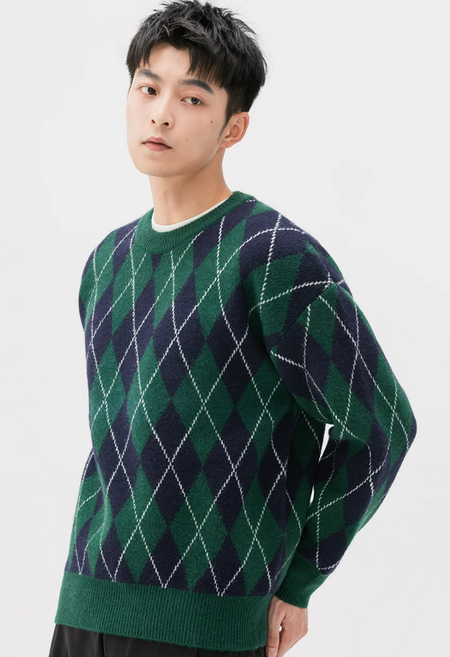 Argyle Pattern Ribbed Trim Sweatshirt