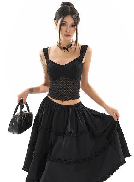 Lace Grid Overlay Sweetheart Neckline Crop Top
