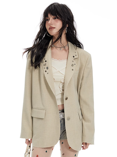 Oversized Button Detail Blazer with Notched Lapel