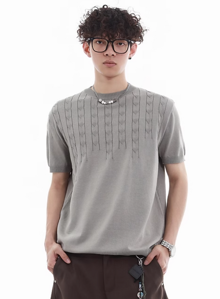 Cable-Knit Detail Ribbed Trim Short Sleeve Top - nightcity clothing