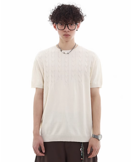 Cable-Knit Detail Ribbed Trim Short Sleeve Top - nightcity clothing