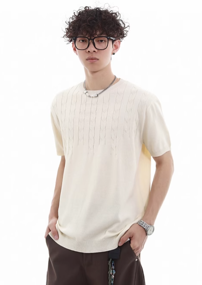 Cable-Knit Detail Ribbed Trim Short Sleeve Top