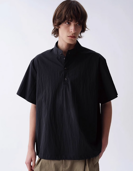Textured Half Button Stand Collar Short Sleeve Shirt