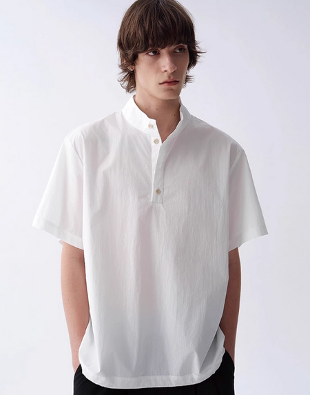 Textured Half Button Stand Collar Short Sleeve Shirt