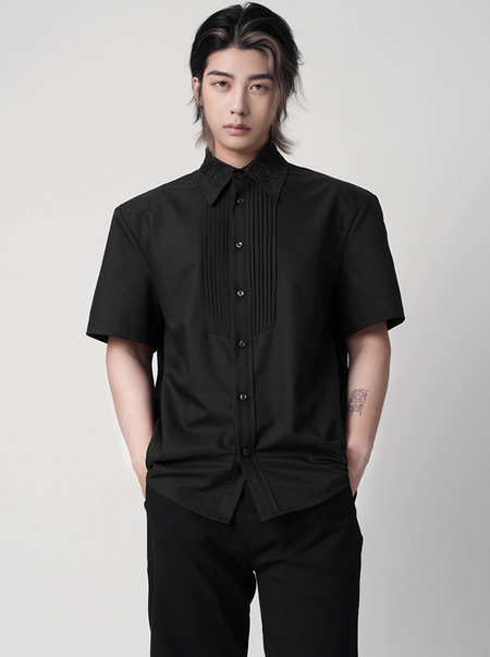 Embroidered Collar Short Sleeve Shirt with Pleated Front Detail