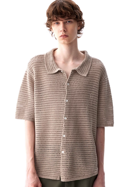 Open Knit Button Down Short Sleeve Shirt with Collar