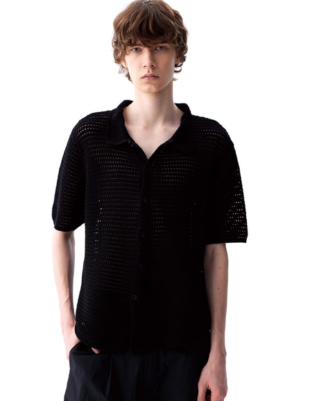 Open Knit Button Down Short Sleeve Shirt with Collar
