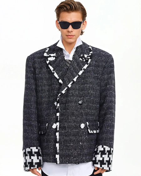 Oversized Blazer Jacket with Contrast Tweed Trim Details
