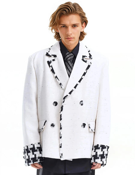 Oversized Blazer Jacket with Contrast Tweed Trim Details