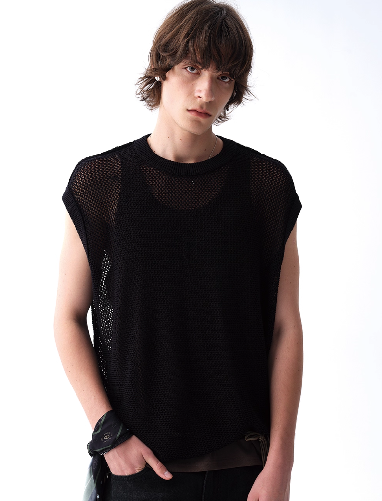 Sleeveless Mesh Layered Knit Top