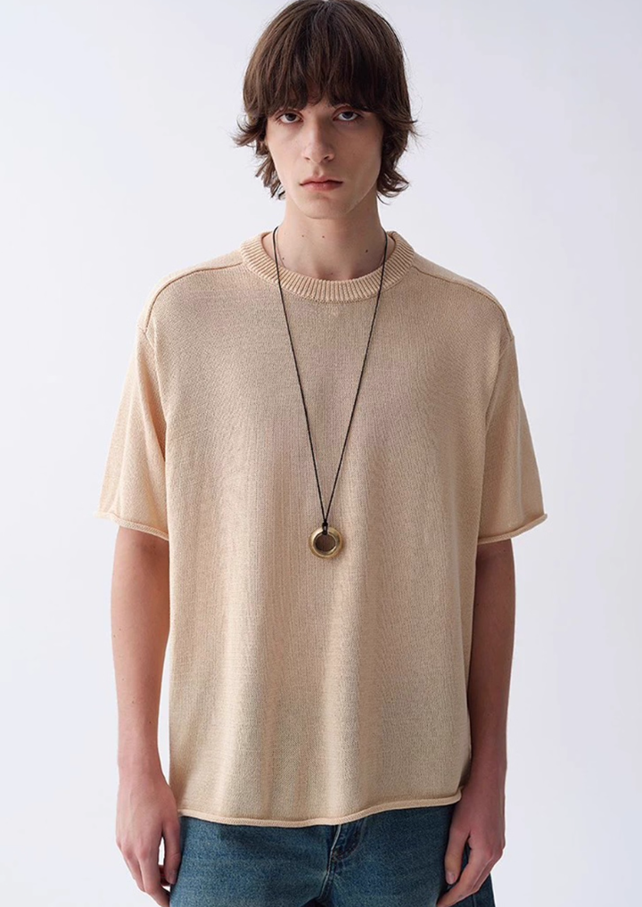 Ribbed Collar Textured Knit Drop Shoulder Tee