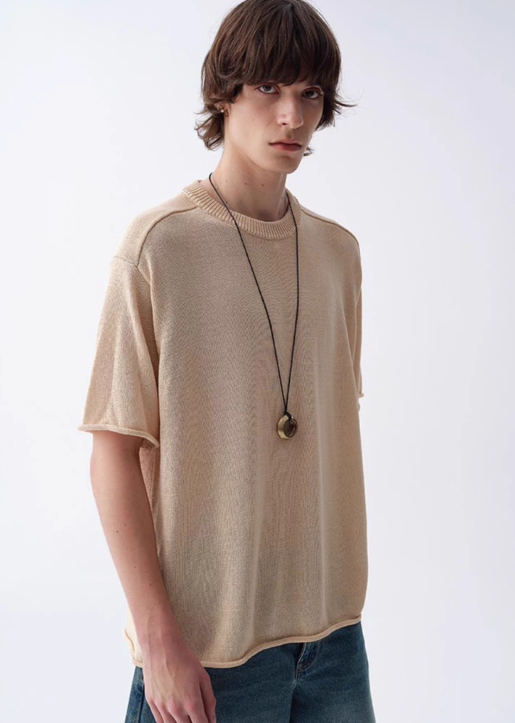 Ribbed Collar Textured Knit Drop Shoulder Tee