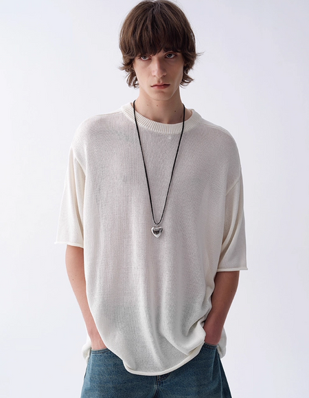 Ribbed Collar Textured Knit Drop Shoulder Tee - nightcity clothing