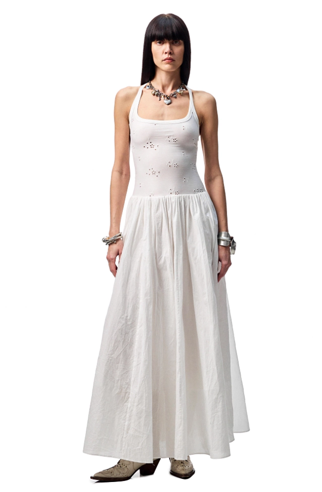 Eyelet Twist Racerback Pleated Maxi Dress
