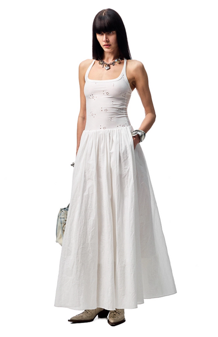 Eyelet Twist Racerback Pleated Maxi Dress