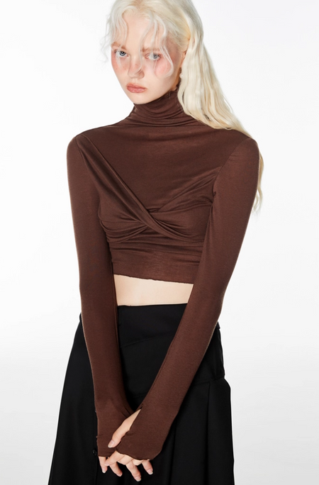 Sheer Turtleneck Long Sleeve Top with Ruched Detail