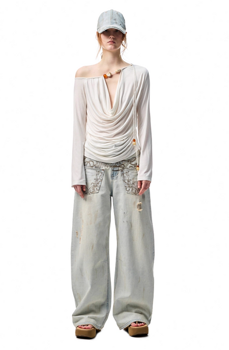 Cowl Neck Long Sleeve One Shoulder Top with Beads Detail