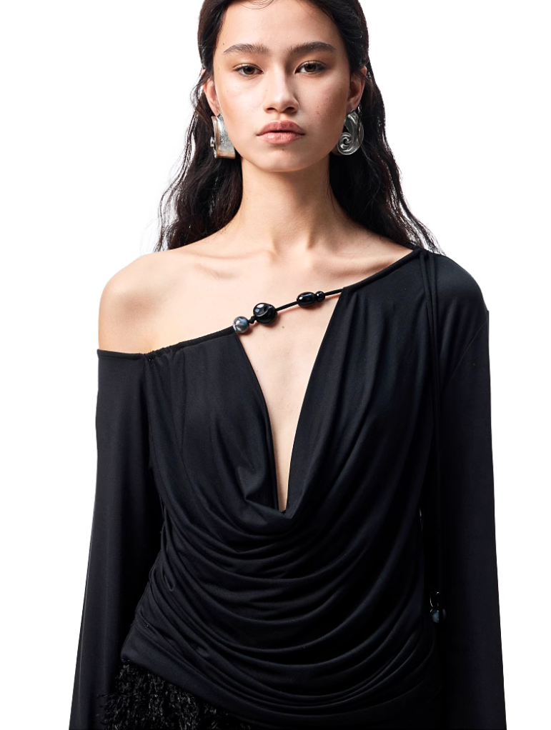 Cowl Neck Long Sleeve One Shoulder Top with Beads Detail