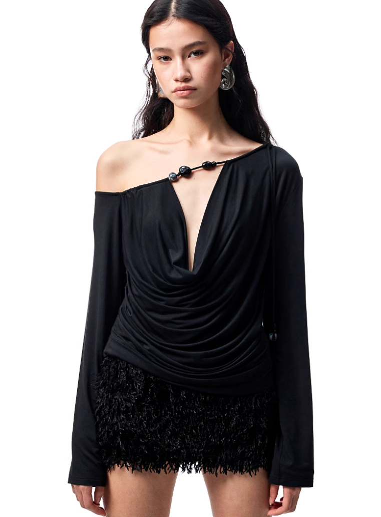 Cowl Neck Long Sleeve One Shoulder Top with Beads Detail