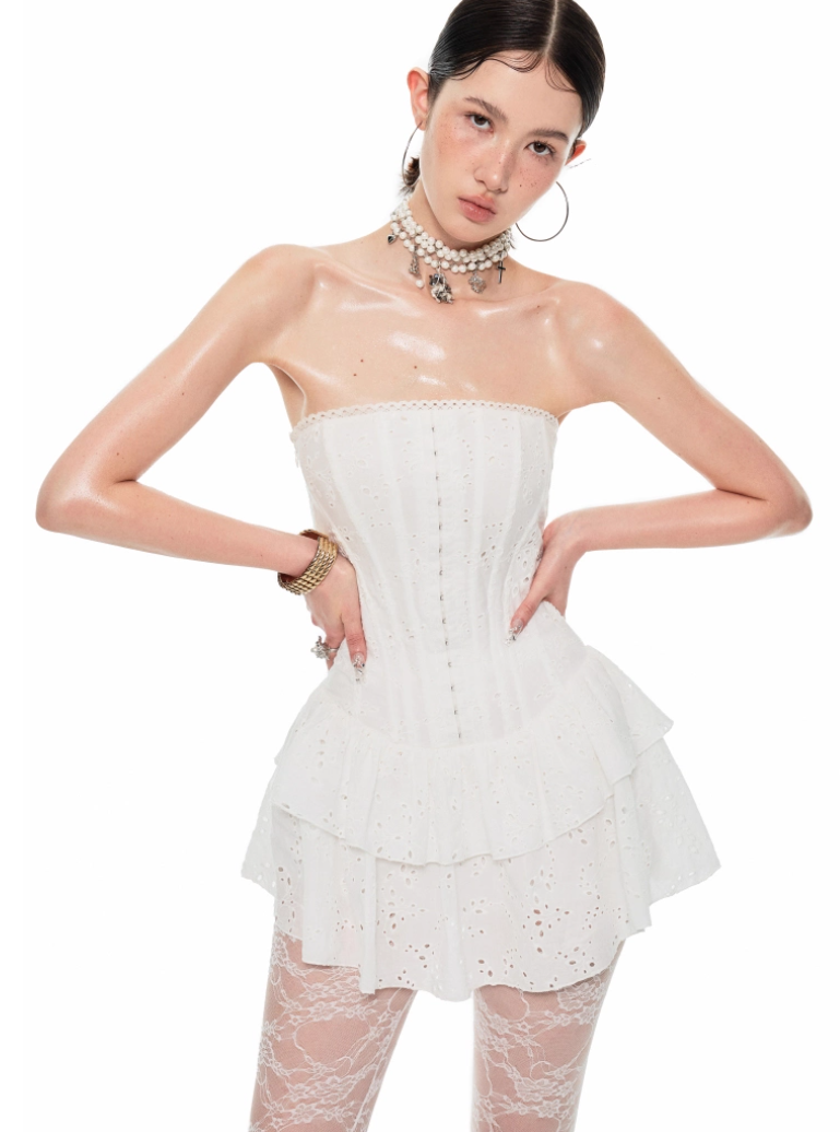 Eyelet Corset Tiered Ruffle Mini Dress