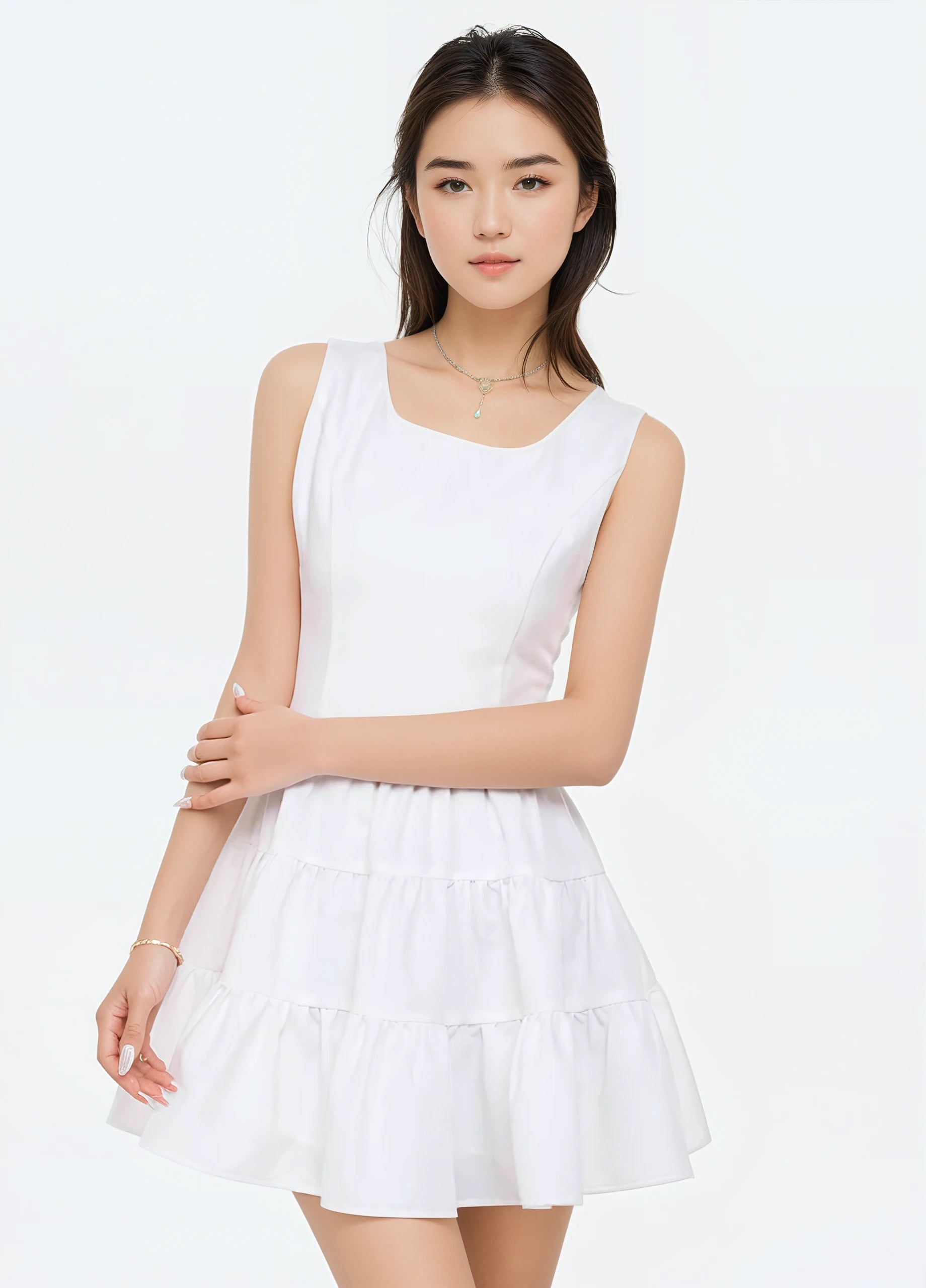 Sleeveless Tiered Skirt Dress with Deep V-Back and Bow Accent